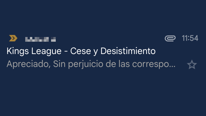 midudev's tweet photo. Voy a cerrar la página de la kingsleague․dev.

Me acaba de llegar un correo de los servicios jurídicos de Kosmos pidiéndome que lo retire.

Me han adjuntado un PDF con todas las posibles medidas legales que pueden tomar y, obviamente, no vamos a llegar eso. 🥲 https://t.co/NfWGhNGgc0