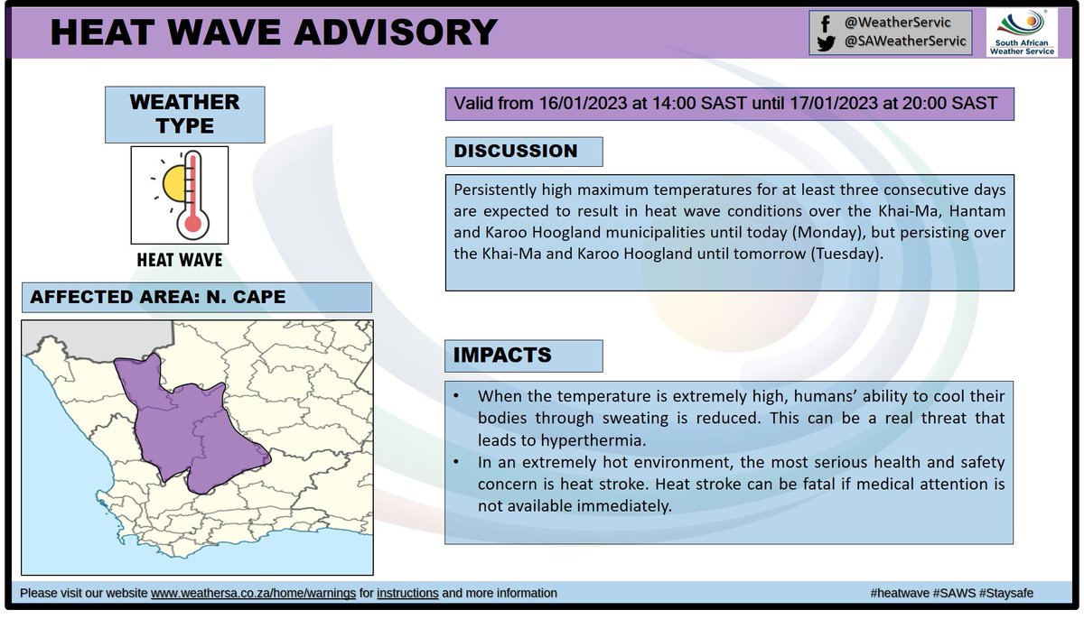 SAWeatherServic's tweet photo. Heat wave advisory: Northern Cape: 16/01/2023 14:00 - 17/01/2023 20:00 https://t.co/tp3FMN3Oem