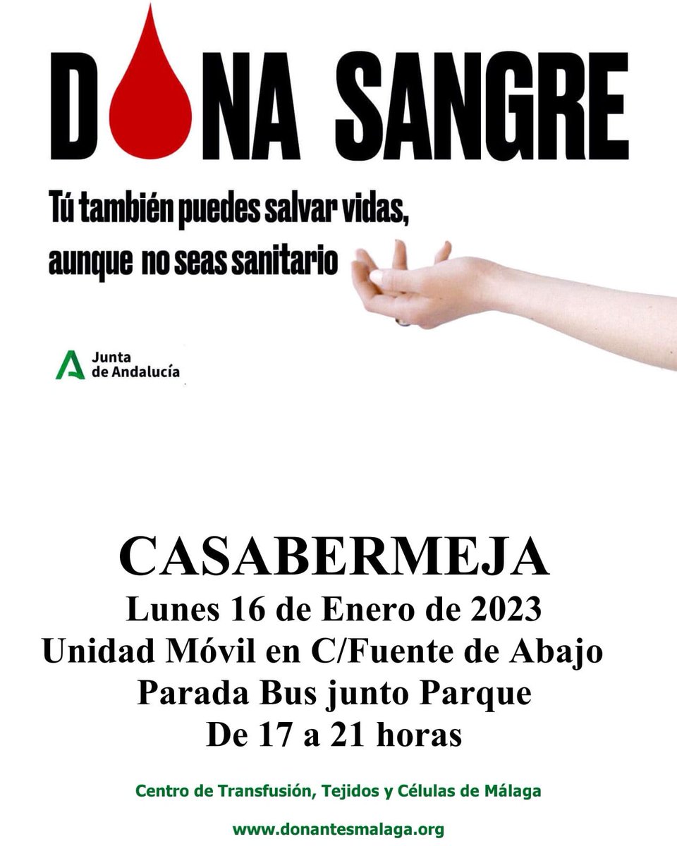 #DonaSangre #Casabermeja

🩸El Centro de Transfusión, Tejidos y Células de #Málaga pide la colaboración de los ciudadanos para que acudan a donar sangre
🚑La Unidad móvil en C. Fuente de Abajo (Parada Bus)
🗓️Lunes 16 de enero 
⏰17 a 21h