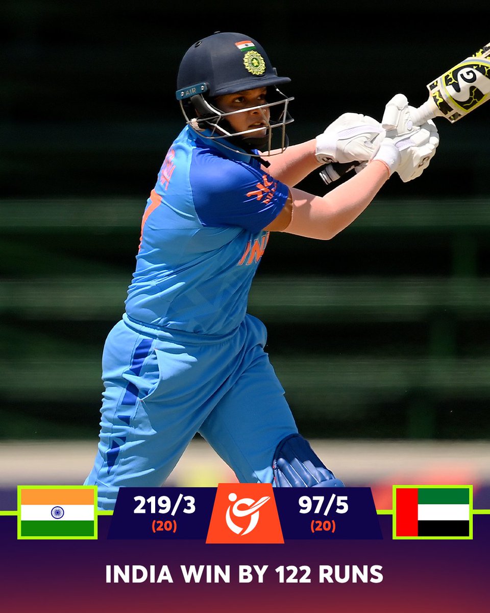 T20WorldCup's tweet photo. India's net run rate gets a boost with a huge win over UAE 🔥

Watch the Women's #U19T20WorldCup for FREE on https://t.co/5AuGFN3l1C (in select regions) 📺

📝: https://t.co/AdGeYX8OVB https://t.co/SfW2bBIYPj