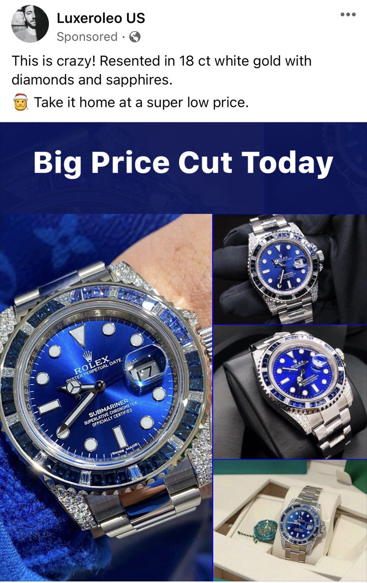DarrellCBassist's tweet photo. I wasn’t aware that it’s now legal to buy ads for fake @ROLEX on @facebook @Meta I wonder what #Rolex thinks about this! #metafools #metaspam https://t.co/0n9Q0F4LgT