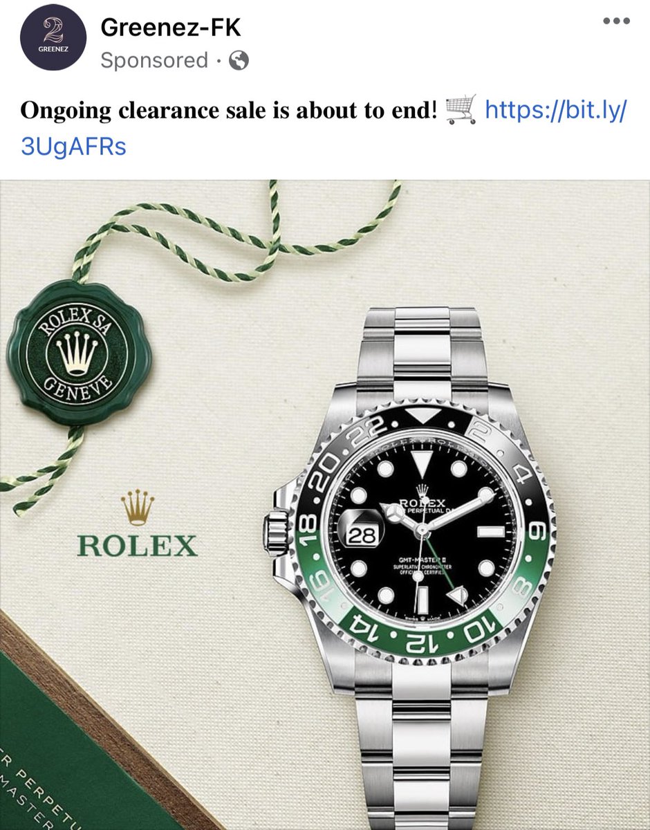 DarrellCBassist's tweet photo. I wasn’t aware that it’s now legal to buy ads for fake @ROLEX on @facebook @Meta I wonder what #Rolex thinks about this! #metafools #metaspam https://t.co/0n9Q0F4LgT