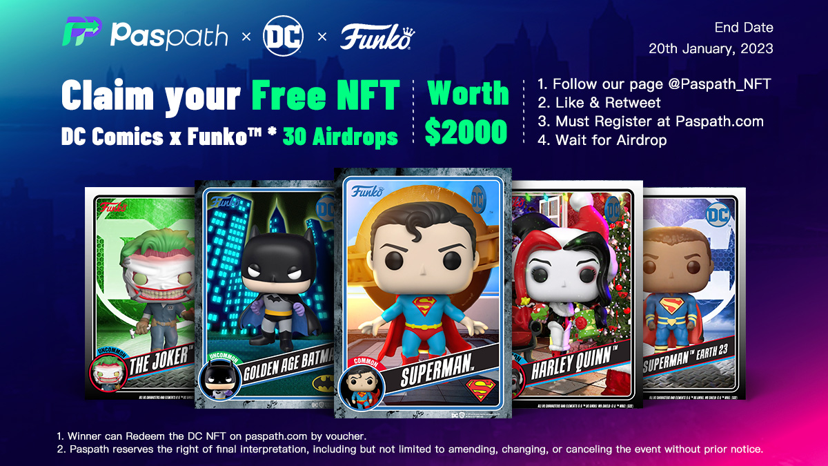 paspath_nft's tweet photo. 🎁🎉Paspath : Claim your Free NFT   
DC Comics x Funko™ *30 Airdrops  (worth $2000）          

And Yes , The NFTs are Genuine authorization from DC Comics &amp; Funko Pop💎🦸‍♂️.

⏳End Date: 20th January 2023

Complete task here ↘️
https://t.co/enR9dla333

#NFT #Giveaways #dccomics https://t.co/tVqE7txwls