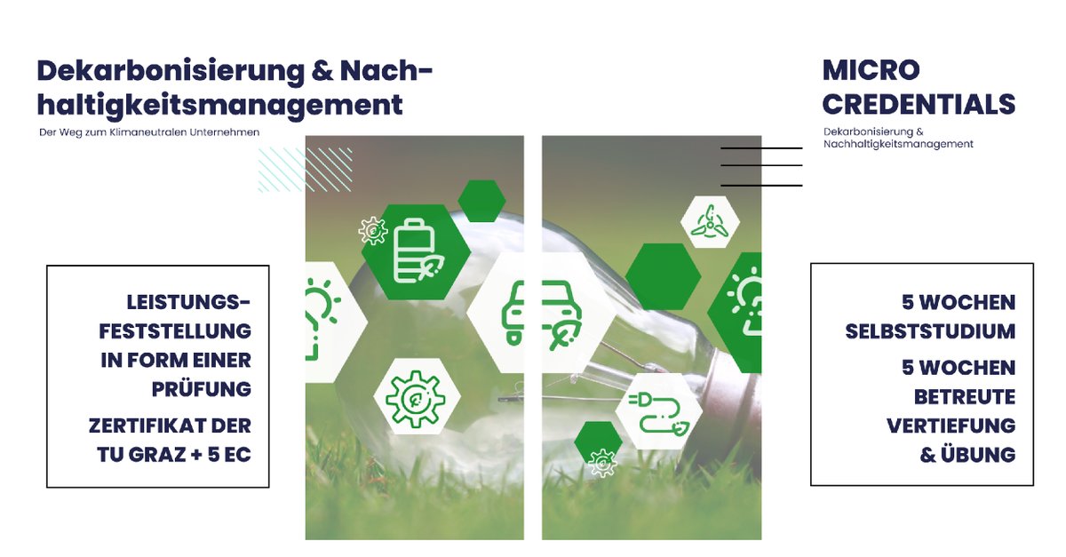 mc_credentials's tweet photo. Heute startet der Kurs „Dekarbonisierung &amp; Nachhaltigkeitsmanagement“!

Die Präsenzeinheiten finden an folgenden Tagen in den Räumlichkeiten der #TUGraz ganztägig statt:
▪️ 13.03.2023
▪️ 27.03.2023
▪️ 18.04.2023
 
❗️Anmeldefrist: 31. Jänner 2023
Anmeldung: https://t.co/1LCXXZ7vYQ https://t.co/OmNp7S7K76