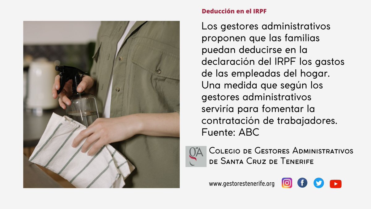 ColGesTfe's tweet photo. Los gestores administrativos proponen que las familias puedan deducirse en la declaración del #IRPF los gastos de las empleadas del hogar. Una medida que según el @ColegiogAMadrid serviría para fomentar la contratación de trabajadores #EmpleadasdeHogar #DeduccionIRPF #AcudeatugA https://t.co/XOJ7rqIXol