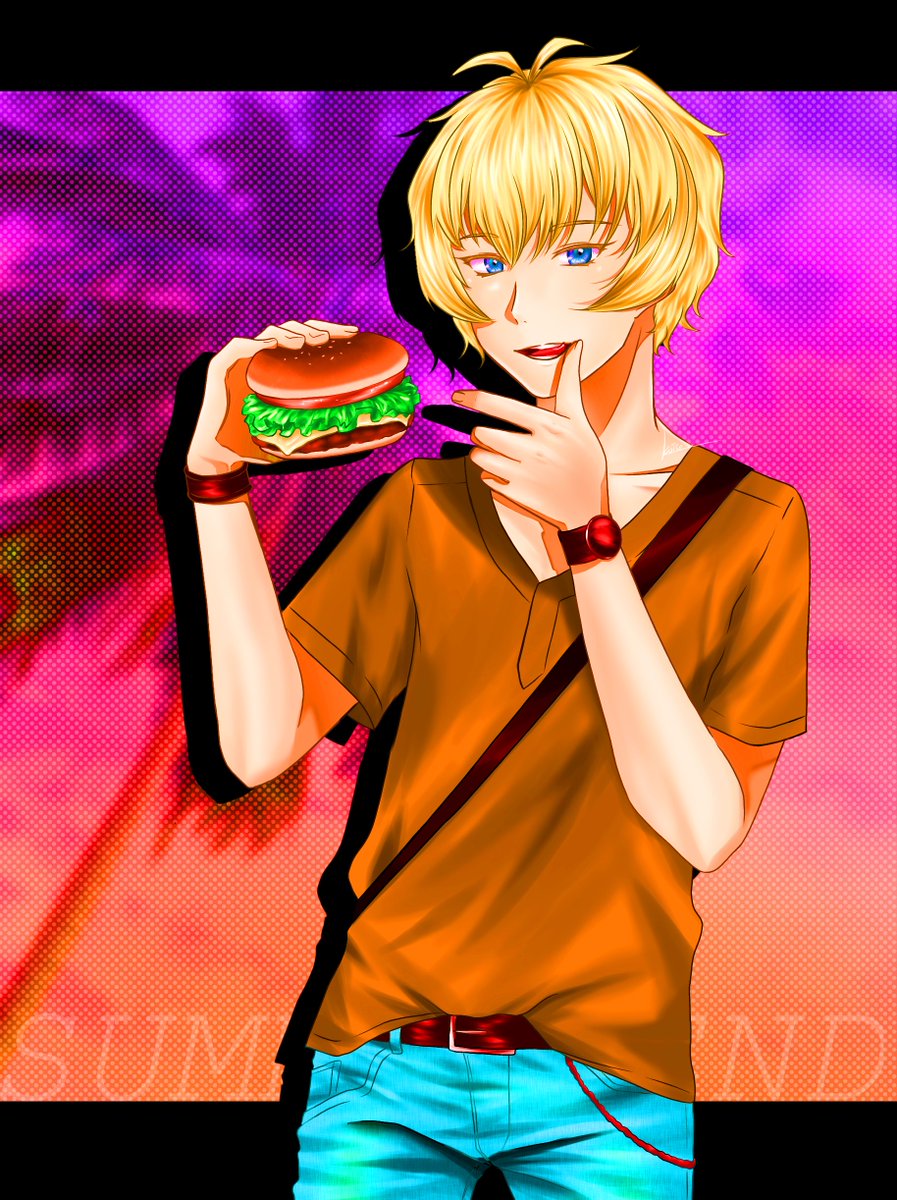 1boy belt blonde hair blue eyes burger denim food  illustration images