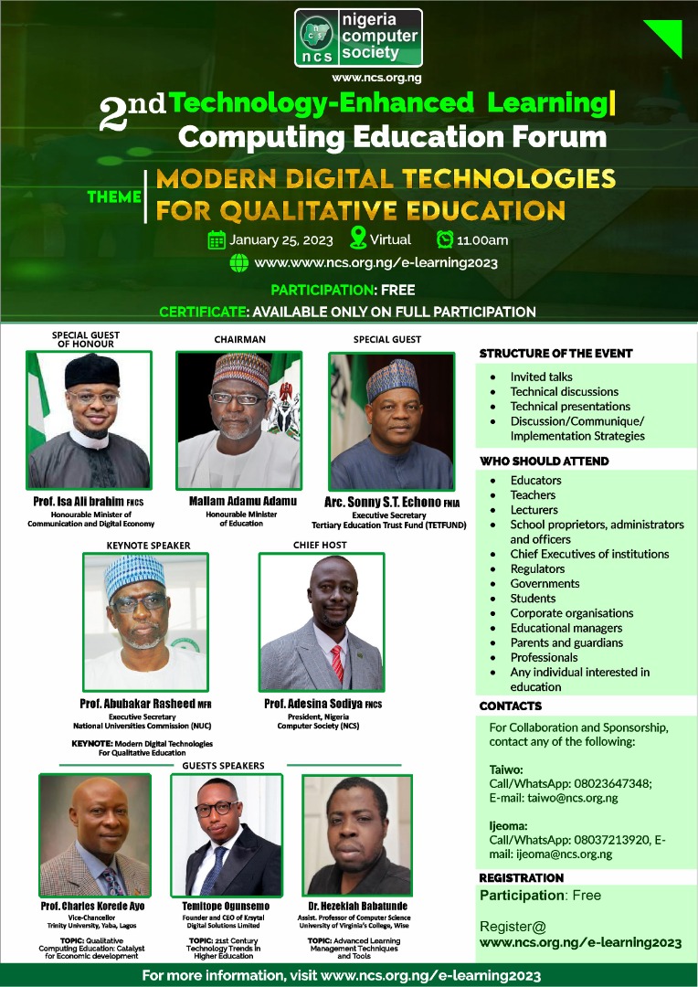 NigeriaComputer's tweet photo. https://t.co/bbROObz1TO
2nd Technology-Enhanced Learning/Computing Education Forum
Theme: Modern Digital Technologies for Qualitative Education
Date: January 25, 2023
Time: 11.00am
Participation: Free
@NUC #NUC
@TETFUND #TETFUND
@FMCDE #FMCDE
https://t.co/bbROObz1TO https://t.co/FcvBbtVheN