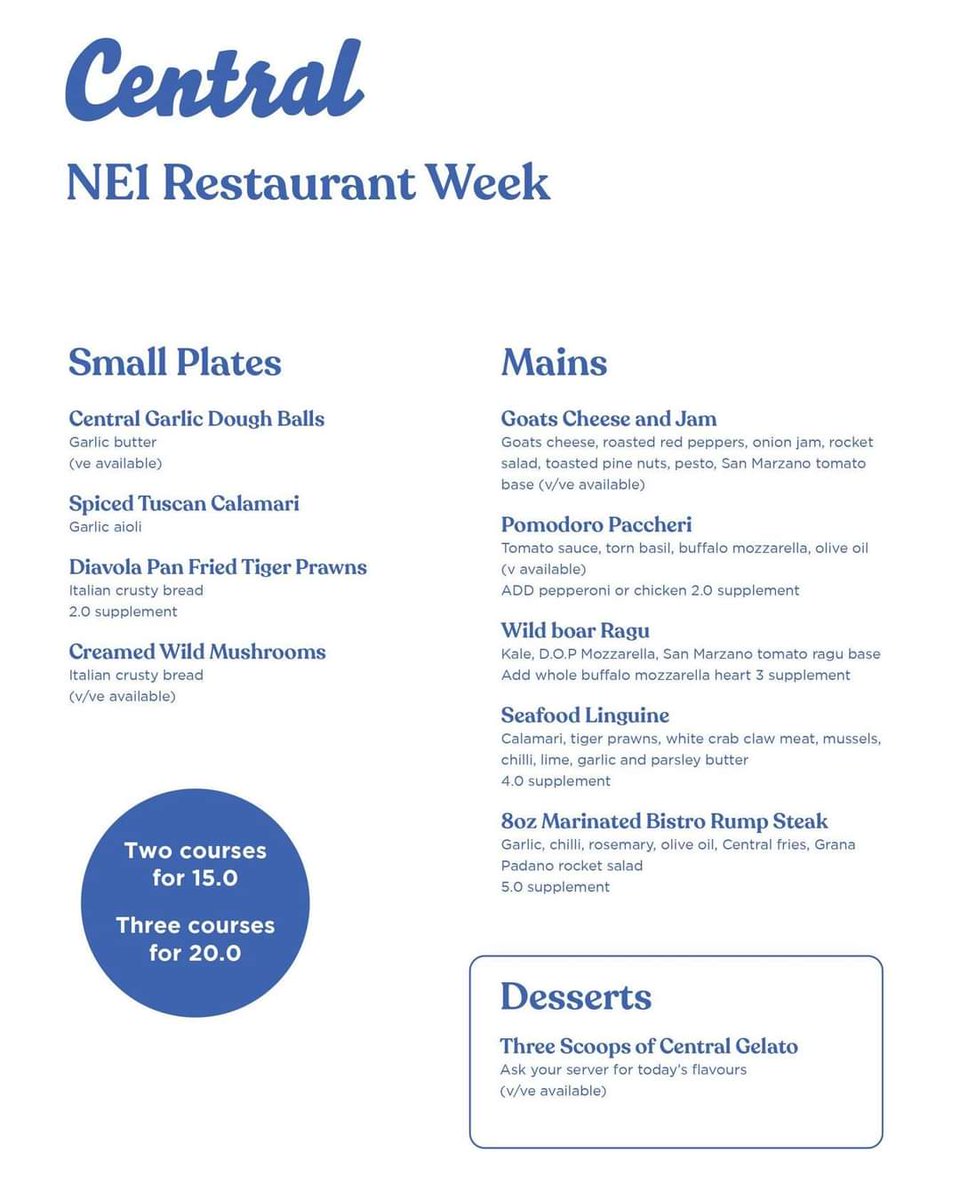 NE1 RESTAURANT WEEK 🙌

For one week only, enjoy two courses for £15 or three courses for £20 from the exclusive NE1 Restaurant Week menu.

Taste the best of Central with a range of delightful starters, authentic Neapolitan pizzas and out of this world pasta.