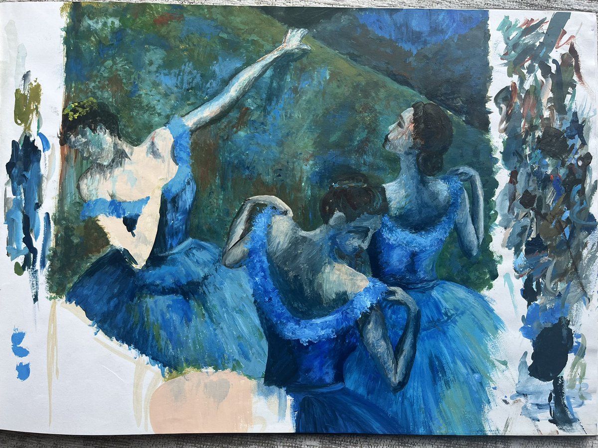 lgartworkshops's tweet image. Painting in my sketchbook.  No pressure.  Have always loved drawing and painting dancers.  This is a study from a Degas. #acrylicpainting #paintingdancers #blueandgreen #artist #artistinresidence #impressionists #degasballerinas