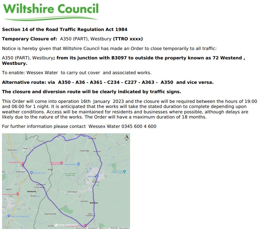 Westbury Town Council on Twitter "⚠️ Road Closure reminder 16th