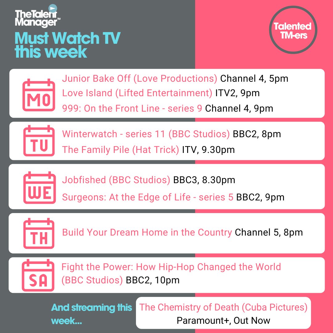 tvtalentmanager's tweet image. MUST WATCH TV THIS WEEK - give yourself a shout out! Tag your colleagues &amp;amp; yourselves if you see your show &amp;amp; tell us what it was like to work on your programme on the Talent Manager Hub: buff.ly/3IRx2PT 

@paramountplus @CubaPictures @HatTrickProd  @bbcstudios