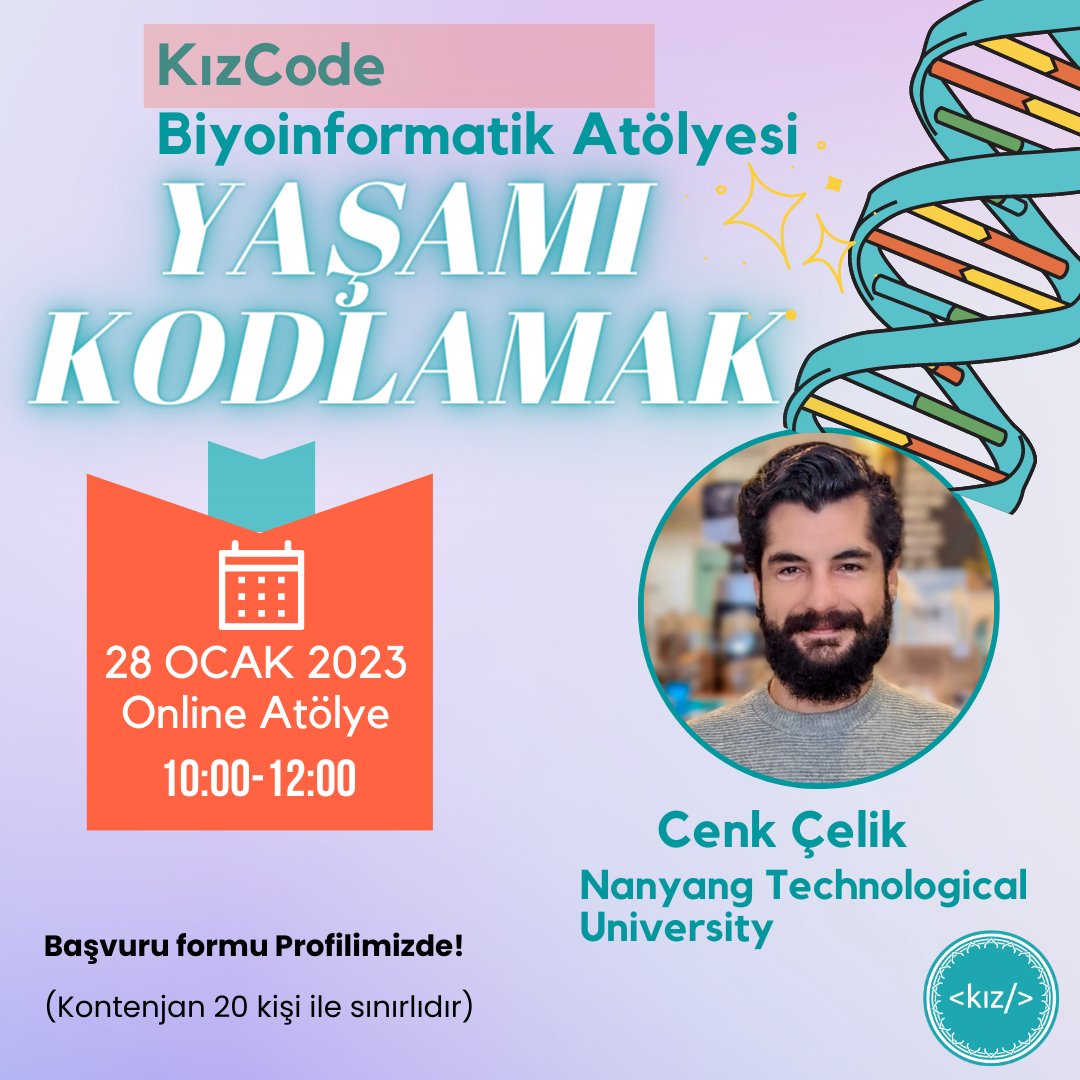 kizcode's tweet photo. 📣KizCode’un 28 Ocak’ta gerçekleşecek olan 2. Online Biyoinformatik Atölyesi için başvurular açıldı!
Atölye hakkında daha fazlasını öğrenmek, başvuru koşullarına göz atmak ve başvuru yapmak için linki profilimizde bulabilirsiniz! 

Görüşmek üzere 🙋🏻‍♀️ 
#biyoinformatik #kizcode https://t.co/OlCDqksshE