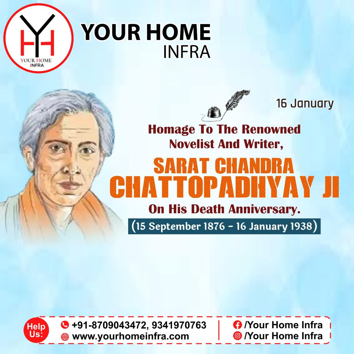 urHomeInfra's tweet photo. Homage to the Renowned Novelist and Writer, Sarat Chadra Chattopadhyay Ji on his Death Anniversary #16January #interiordesign #interiordesigner  #homerenovation #homeinterior #homefurnishing #architecture #constructionindustry #constructionservices #bhagalpur #yourhomeinfra https://t.co/OC1vc8jh8p