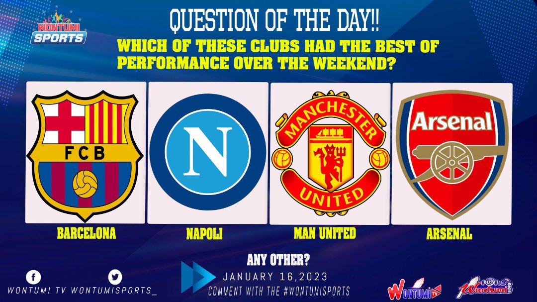 LAWSONSPORTS_'s tweet image. QUESTION OF THE DAY!!

WHICH OF THESE CLUBS HAD THE BEST PERFORMANCE OVER YHE WEEKEND?🤔

A. FC BARCELONA🇪🇸
B. NAPOLI🇮🇹
C. MANCHESTER UNITED🏴󠁧󠁢󠁥󠁮󠁧󠁿
D. ARSENAL🏴󠁧󠁢󠁥󠁮󠁧󠁿
🗣️ANY OTHER?👤

COMMENT WITH THE HASHTAG #WontumiSports FOR VALIDITY.💥🔥
