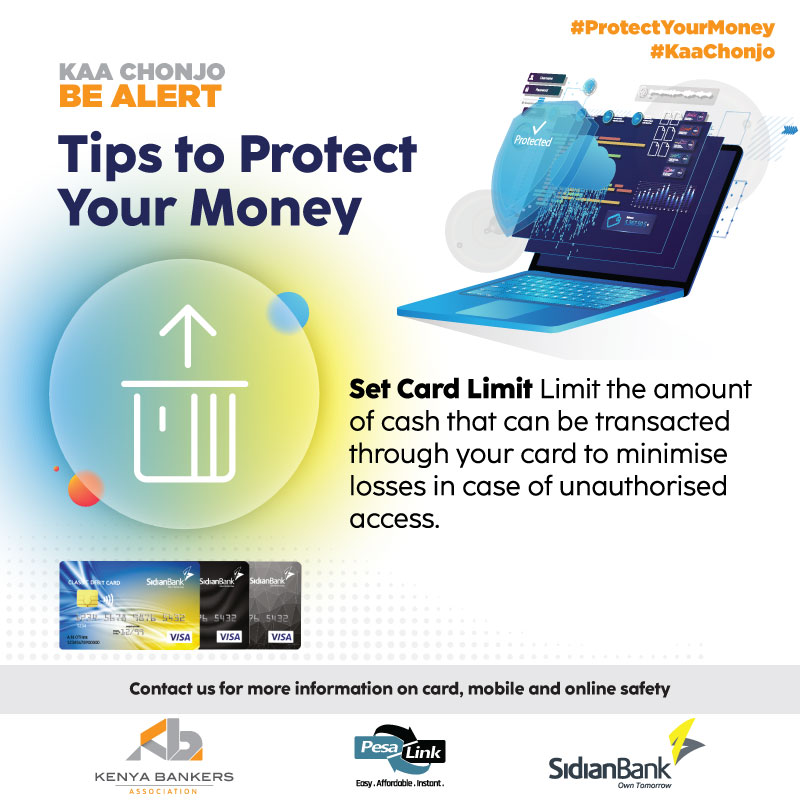SidianBank's tweet photo. Did you know that you can limit the amount of money withdrawn from your card at any given point? We thought you should know. Putting a limit covers you from losing all your money in case your card is accessed by fraudsters.
#KaaChonjo #BankingTip #ProtectYourMoney https://t.co/NZrD90cdmK