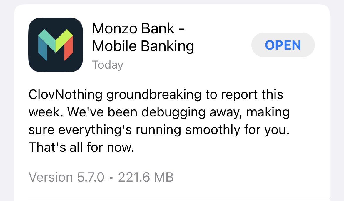 MartinShine's tweet photo. @monzo,

‘ClovNothing’?!

#Monzo, #ClovNothing, #MustBeSomething @monzousa https://t.co/AOAZrBwdAg