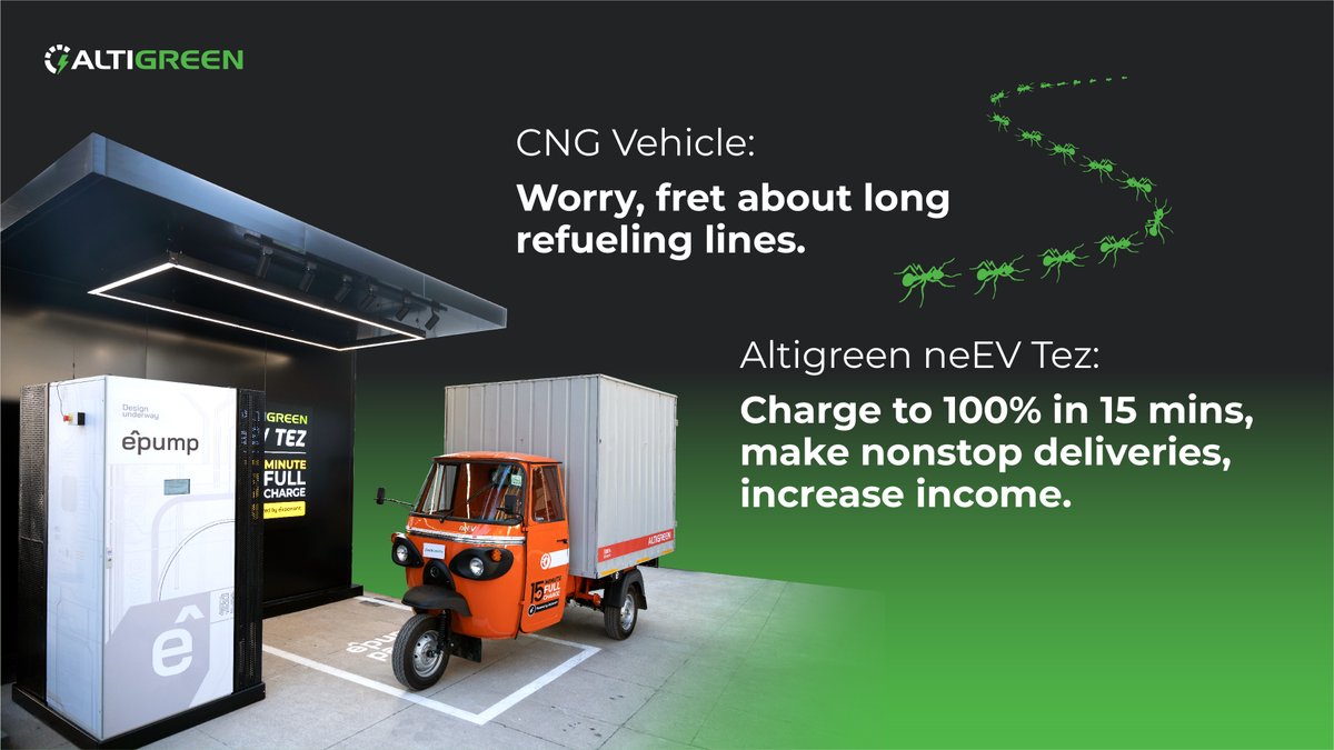 Forget about long refueling lines of CNG. Plug in for #15minutes at our supercharging station and voila!! Your EV is 100% charged while you sip your cup of chai.

#AltigreenEV #neEV #goelectric #evindia #3wheelerev #ev #fastcharging