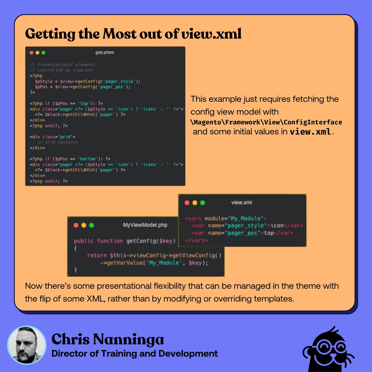 Thank you <a href="/ChrisNanninga/">Chris Nanninga</a> for this!
If you're like me, you probably mostly use view.xml in Magento when you have to. But give some thought to defining your own vars there to give some presentational flexibility to your custom functionality.
swiftotter.com/technical/maxi…
#swiftotter