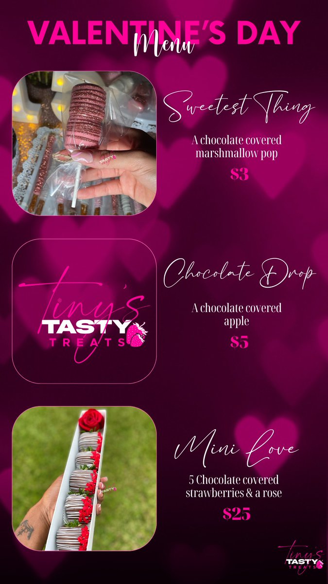 TinysTastyTreat's tweet photo. Valentine’s Day options available to order. Last day to order is February 8th 

Visit https://t.co/hat0m4eeh2 https://t.co/oxY8HB8LlZ