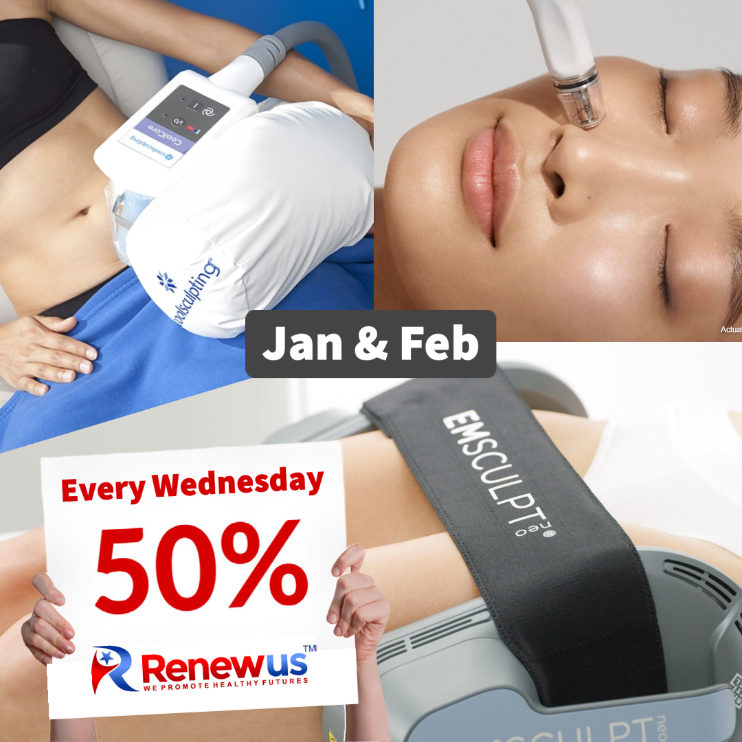 Great news! 

Every Wednesday in January & February:
Get Coolsculpting, Emsculpt & Diamond Glow Facial HALF OFF!!!!!

Call for an appointment now!
888-210-3054
Renewus.com

#coolsculpting #emsculpt #diamondglow #halfoff #renewuswc #medspaservices #medspadeal