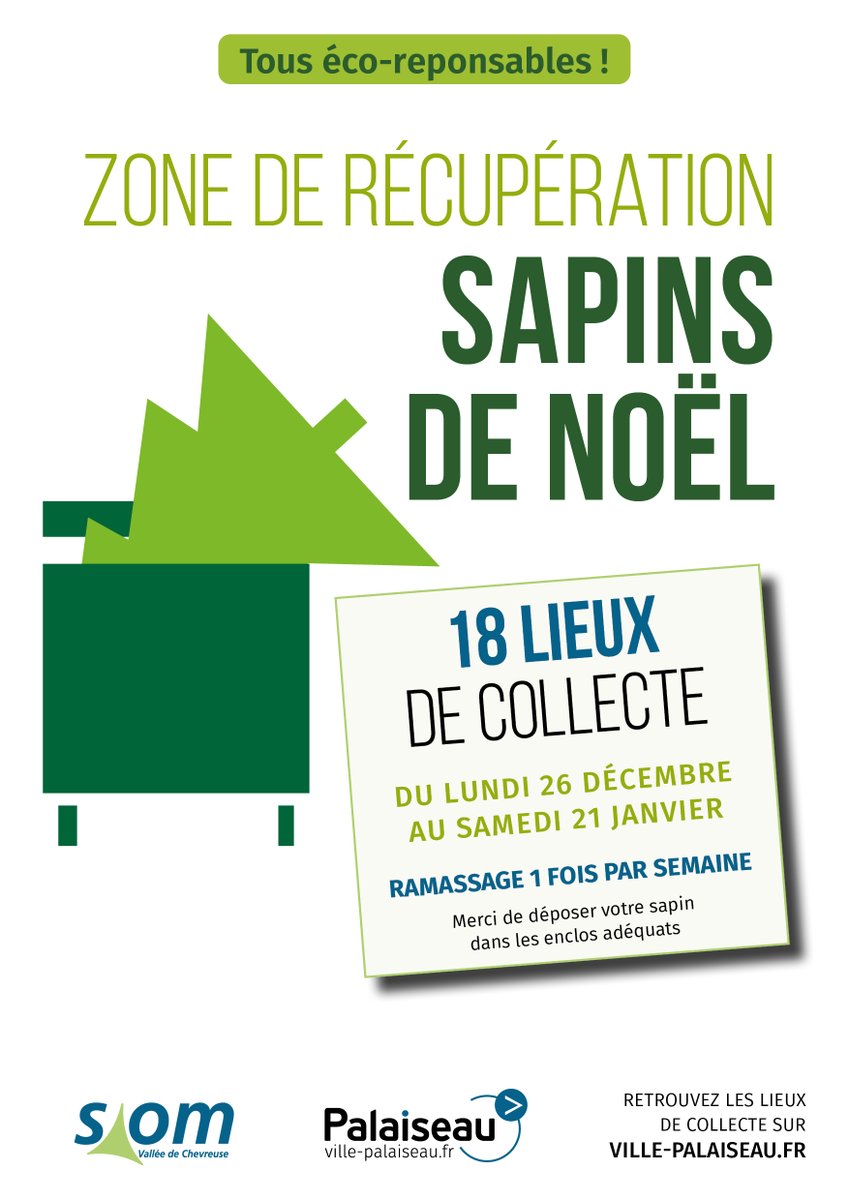 🌲 #Sapins | La dernière collecte dans les enclos de récupération des sapins aura lieu le mercredi 25 janvier : pensez-y ! Déposez le vôtre dans l'un des 18 enclos pour le recycler en paillage 👉 bit.ly/3WkCWfn