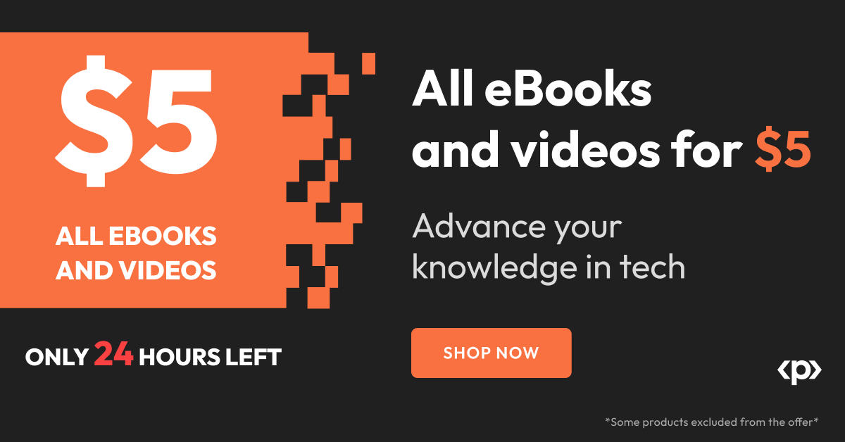 PacktPublishing's tweet photo. Hurry, there are just over 24 hours until we call time on our $5 sale 🔔

When it’s over, it’s over. So stock up on your eBooks and video courses for the year while you still can: https://t.co/sQe4YXmbXM 

#packtfivedollarsale https://t.co/fM1xB7yRlO