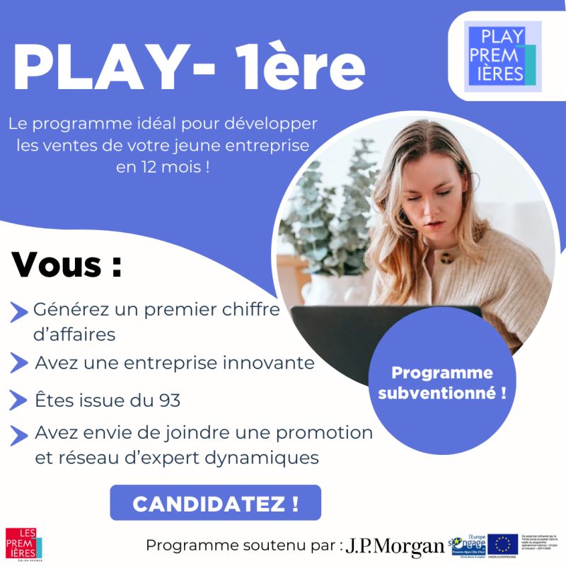 📢 Appel à projets lancé 📢

Le programme PLAY-1ère, c’est l’accompagnement idéal pour accélérer les ventes de vos produits et/ou services 🚀. 

🏁Démarrage le 31 Mars . 

Infos et candidatures ici 👉lnkd.in/eH3HX9hS

#entrepreneuriatfeminin #incubateur #projet