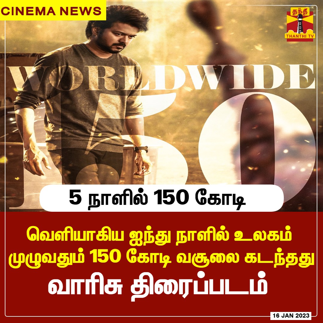 ThanthiTV's tweet photo. #CINEMANEWS | வெளியாகிய ஐந்து நாளில் உலகம் முழுவதும் 150 கோடி வசூலை கடந்தது வாரிசு திரைப்படம் 

#Varisu #Vijay #Trending #ThanthiTV https://t.co/6XRekimYnX