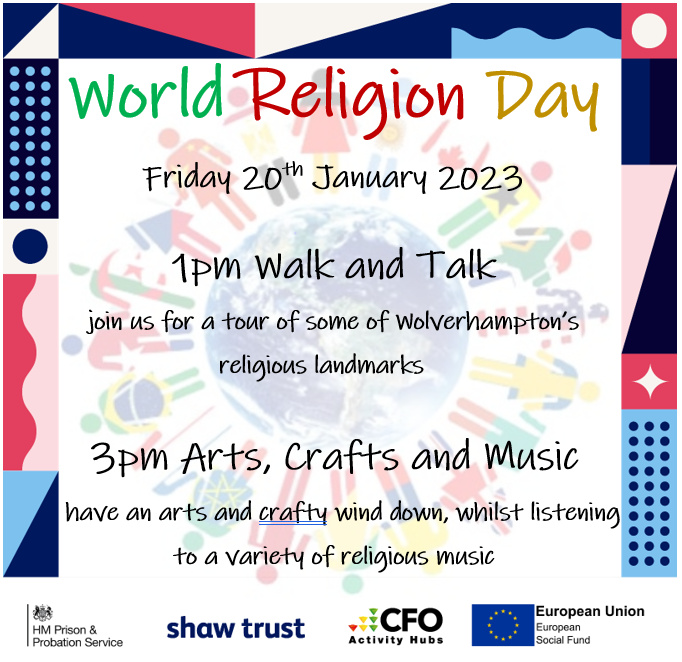 Wolves_CFOAH's tweet photo. This Friday at the Hub, we are celebrating World Religion Day!
#wolves #probation #justice #hmpps #cfoactivityhub #shawtrust #teamstoke #esf #cfo #activityhub #rehabilitation #pops #peopleonprobation #teamwolves #community #religion #pact #tko #langleyhouse #wolverhampton https://t.co/YiYBPl0o5K