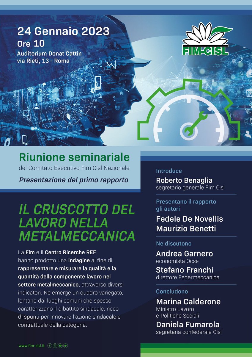FIMCislStampa's tweet photo. 🗓 #24gennaio Roma ore 10 - la FIM CISL presenta il 1^ Cruscotto del lavoro metalmeccanico - per rappresentare e misurare la qualità e la quantità del lavoro metalmeccanico.
Conclude i lavori il Min. Del Lavoro #Calderone e la Segreteria confederale CISL #Fumarola https://t.co/YP5lwuOhrs