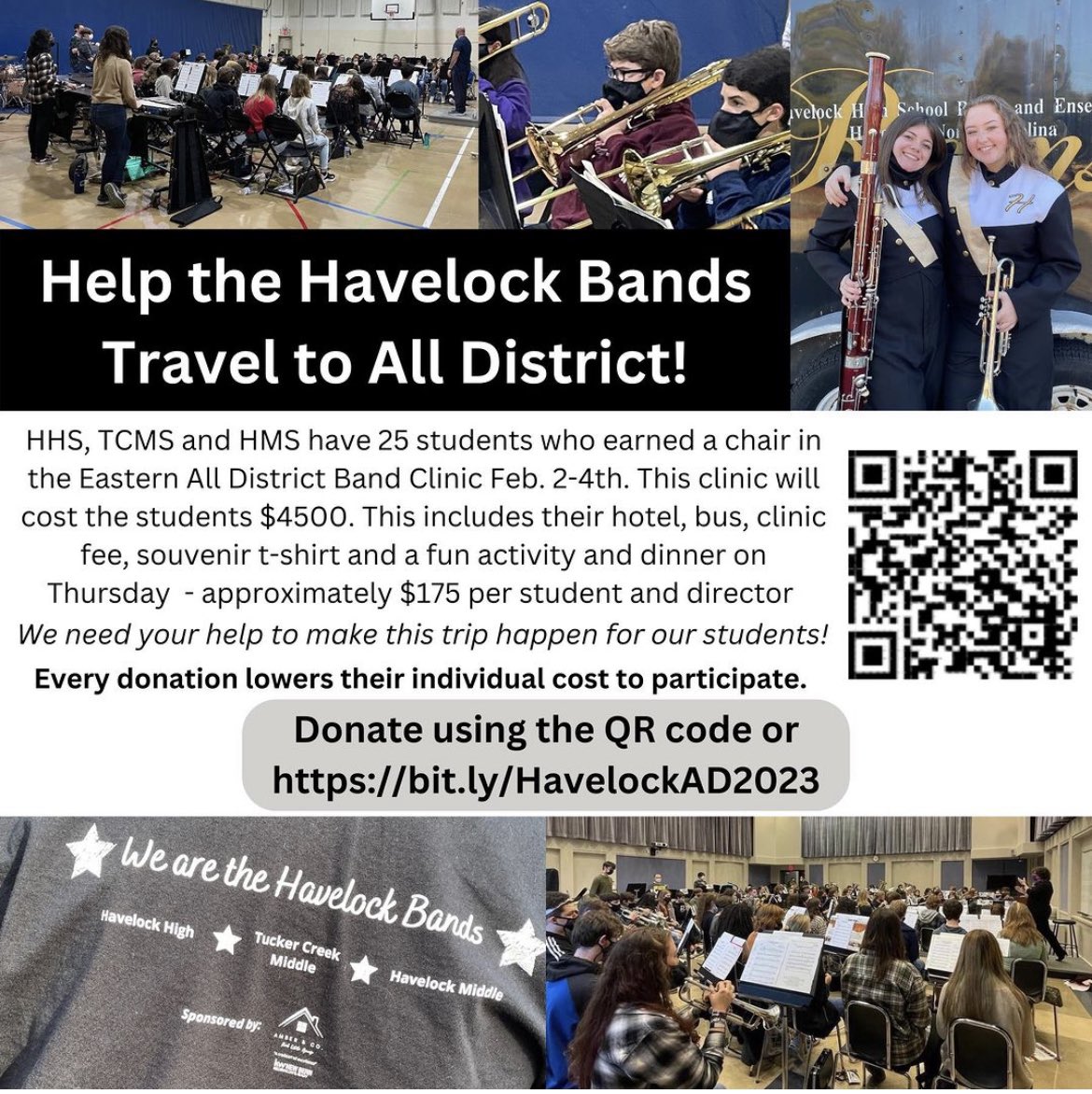 The Havelock High, Havelock Middle, and Tucker Creek Middle Bands have 25 students traveling to All-District and we need YOUR help to get them there! 
Please consider donating using the QR code or at bit.ly/HavelockAD2023. #cravencountyschools #hhsband #hmsband #mustangband