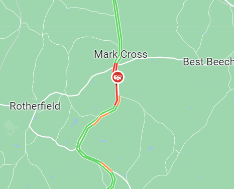 BBCSxSyTravel's tweet image. #MarkCross: #A267 closed both ways due to an accident
between the #B2100 Wadhurst Road and Lake Street @sussextw @SussexIncidents