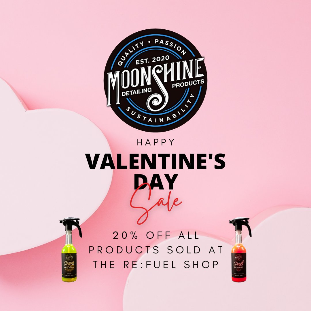 GetMoonshine's tweet photo. From now until Valentine's Day, we're offering you 20% off all Moonshine products from the Re:Fuel Shop located inside the @SteamerHouse...

Give the gift of the ultimate shine to someone you love this Valentine's Day!
Let's get shopping! #tuesdayvibe #detailing #cars #automotive https://t.co/hMqEDoiyQg