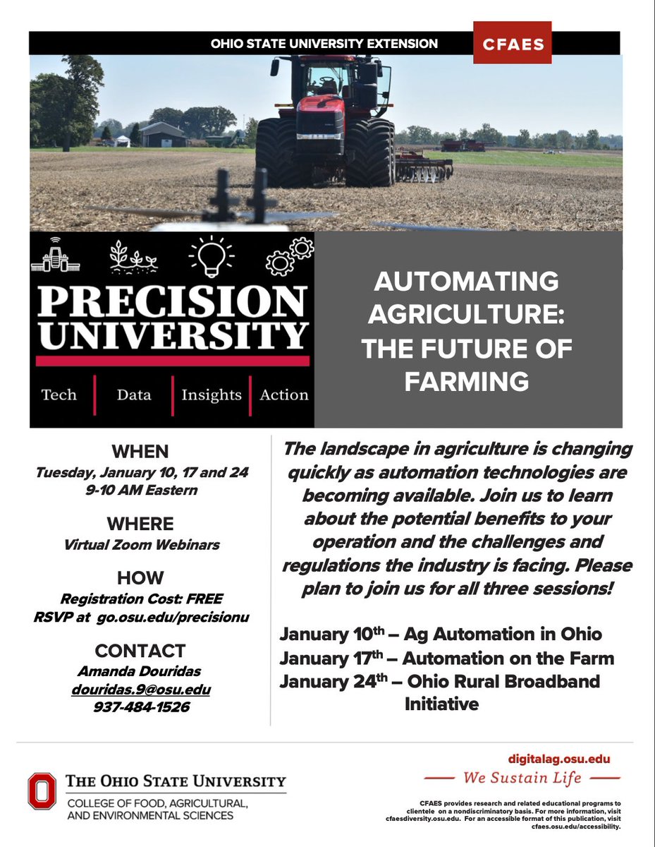 precisionfield_'s tweet photo. We're looking forward to attending the second PrecisionU webinar from @OhioStatePA tomorrow, January 17!

Join us to learn about #Automation on #Farm - the future of farming. This session will feature Charlie Troxell, Luke Harbage, and @fultojp

Reg link 👉https://t.co/3nCBspRyEV https://t.co/hLeVv9iHLX