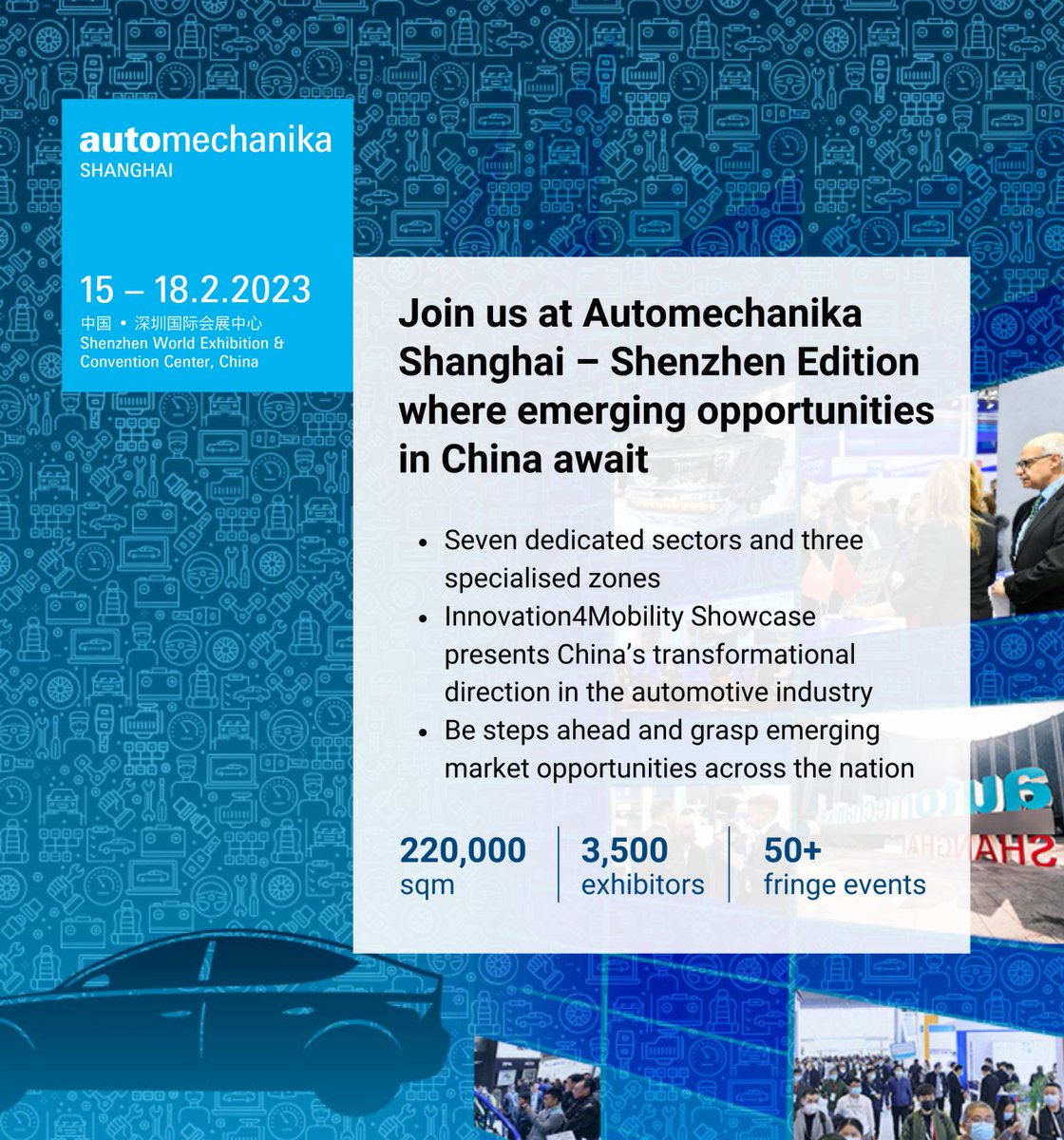 We are looking forward to the #Shenzhen edition of #Automechanika with a huge event programme and 3,500 companies presenting their products &amp; services #mobility #automotiveindustry #aftermarket #business #letsmeetagain #supplychain #exhibition