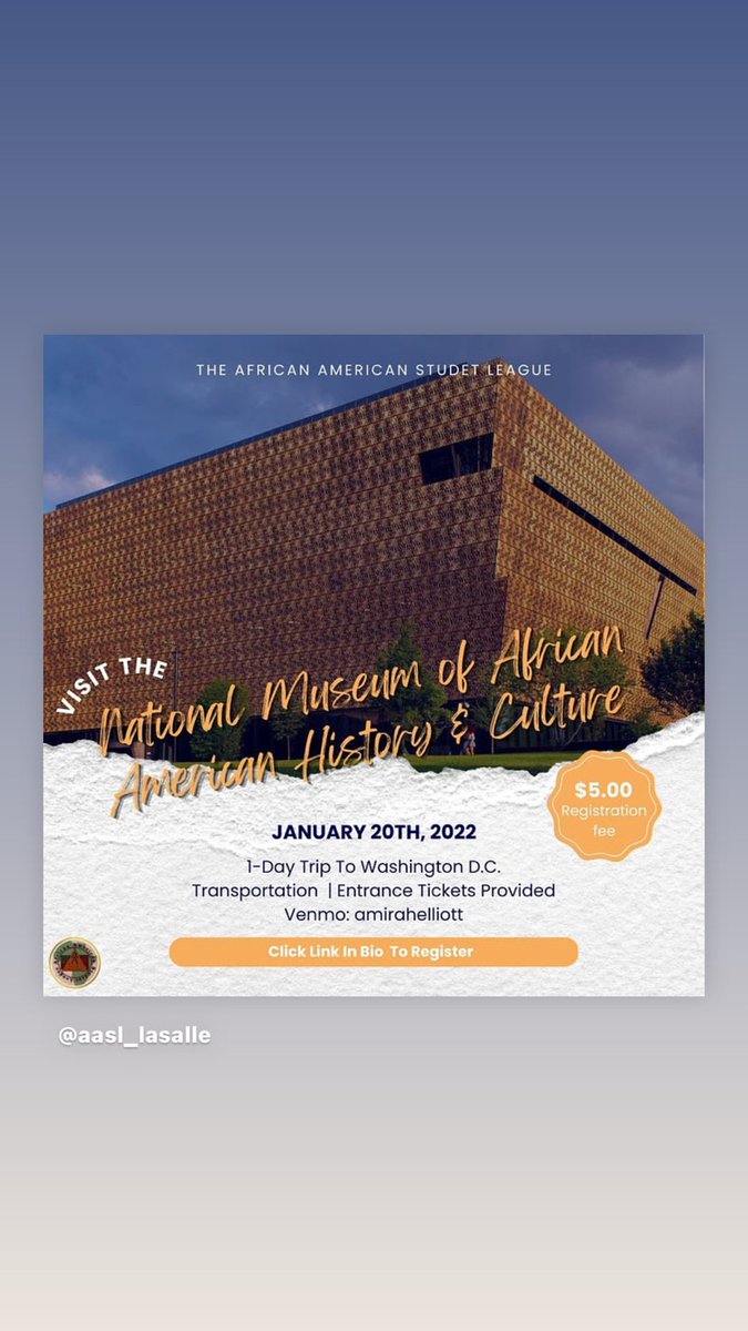 This Friday, AASL is hosting a 1-day trip to the National Museum of African American History &amp; Culture in Washington D.C.!

SIGN UP HERE: 
docs.google.com/forms/d/e/1FAI…