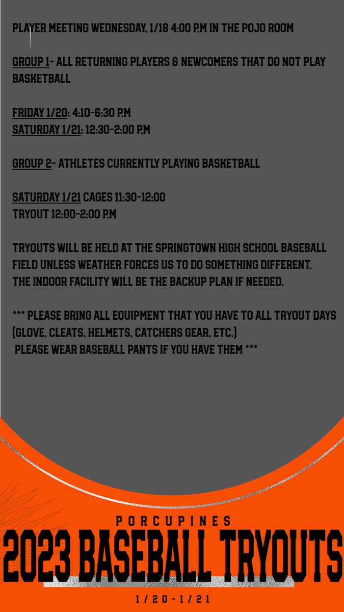 Pojobaseball's tweet photo. Springtown Porcupine Baseball Tryouts-Important Information!! https://t.co/l1EKzTf8Ed