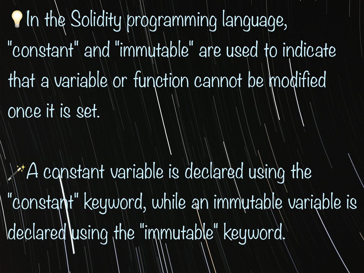 sujayvadavadagi's tweet image. 👉🏻Constant and Immutable in Solidity.💡👇🏻
#solidity #web3 #blockchain #smartcontracts #ethereum #polygon