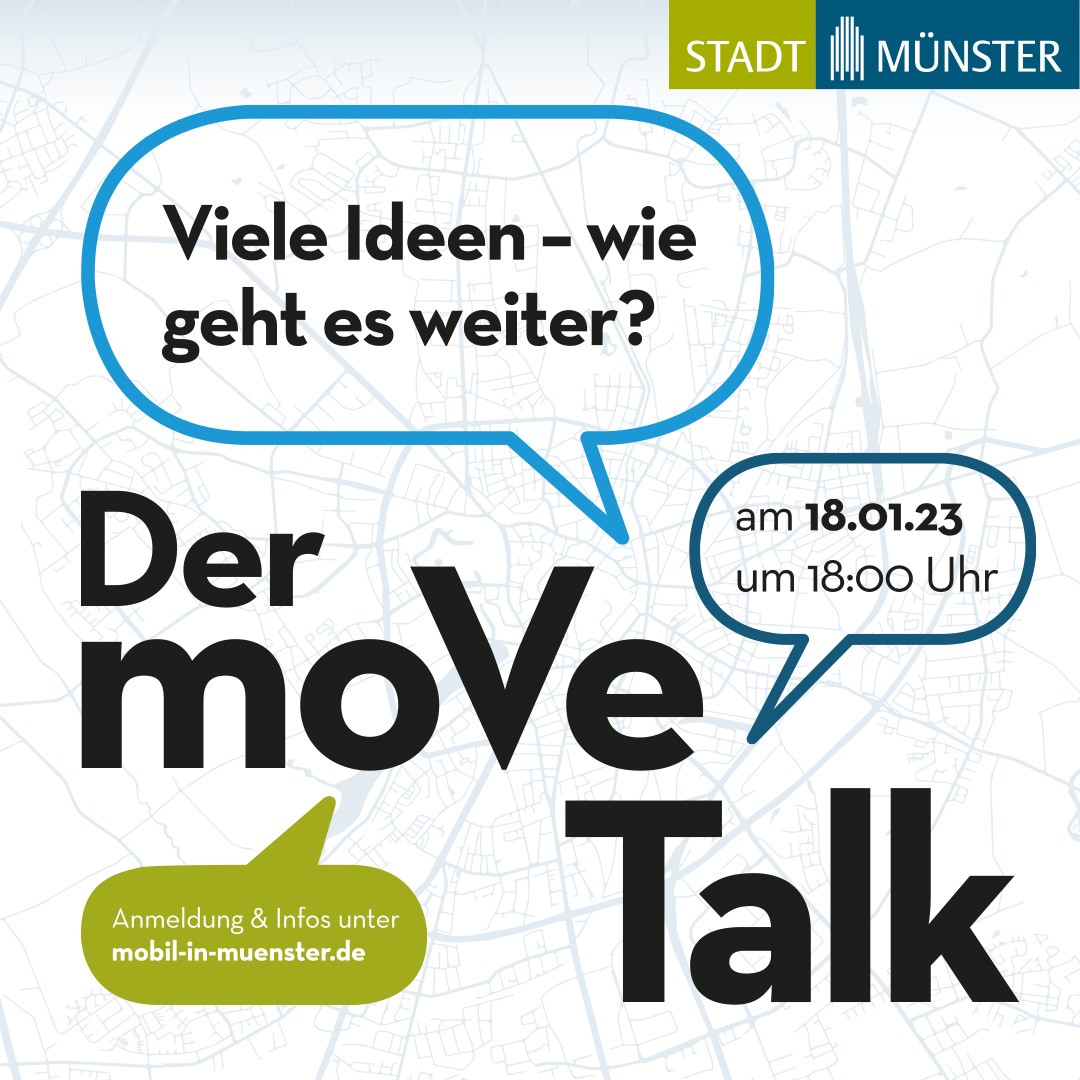 Im Rahmen des Masterplans Mobilität Münster 2035+ haben Bürgerinnen und Bürger der Stadt eigene Ideen rund um das Thema Mobilität vorgeschlagen. Wie diese berücksichtigt werden, präsentiert die Stadt beim moVe-Talk am 18. Januar:
➡️ mobil-in-muenster.de