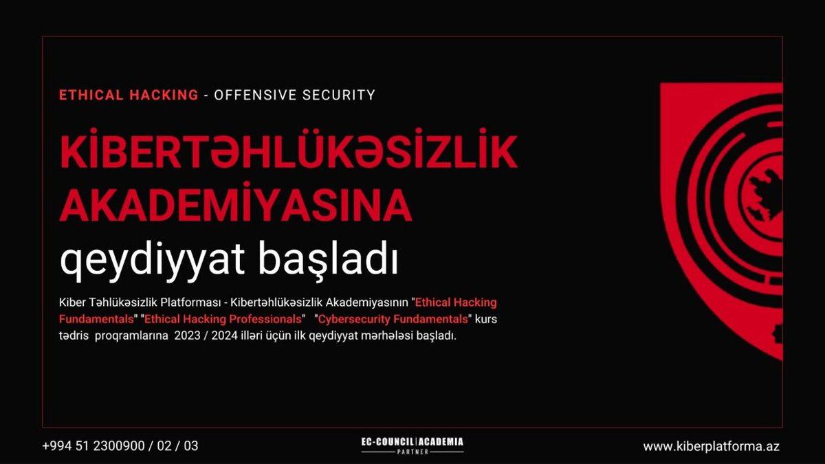 Əziz və dəyərli izləyicilərimiz, Kiber Təhlükəsizlik Platforması Kibertəhlükəsizlik Akademiyasına 2023 / 2024 illəri üçün nəzərdə tutulan ilk qeydiyyat mərhələsi başladı.  #offensivesecurity
#ethicalhacking #kiberplatforma #certificates #cybersecurity
#kibertəhlükəsizlik