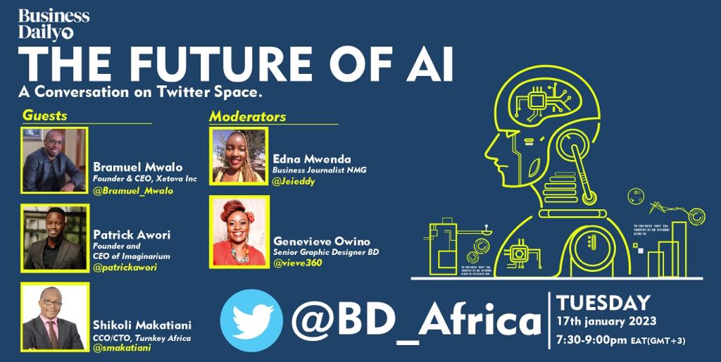 vieve360's tweet photo. Book a date with @BD_Africa on Jan 17th 7:30 - 9:00pm for this #TwitterSpace conversation on Artificial Intelligence moderated by @Jeieddy &amp; @vieve360. Let meet tomorrow and talk matters AI. https://t.co/UyNXEr4uN4