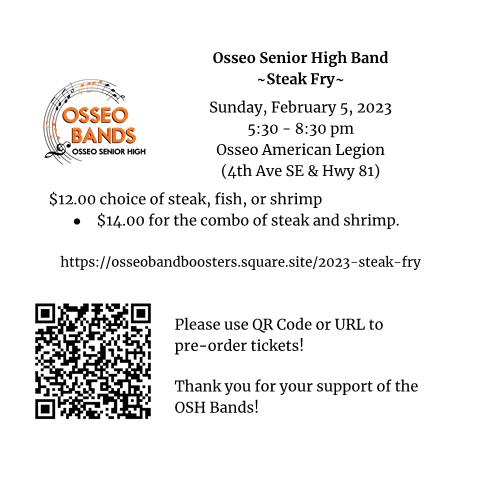 OSH Band Steak Fry is coming up!  Spread the word and order your tickets online today to support our amazing band students!  

TICKETS: osseobandboosters.square.site/2023-steak-fry