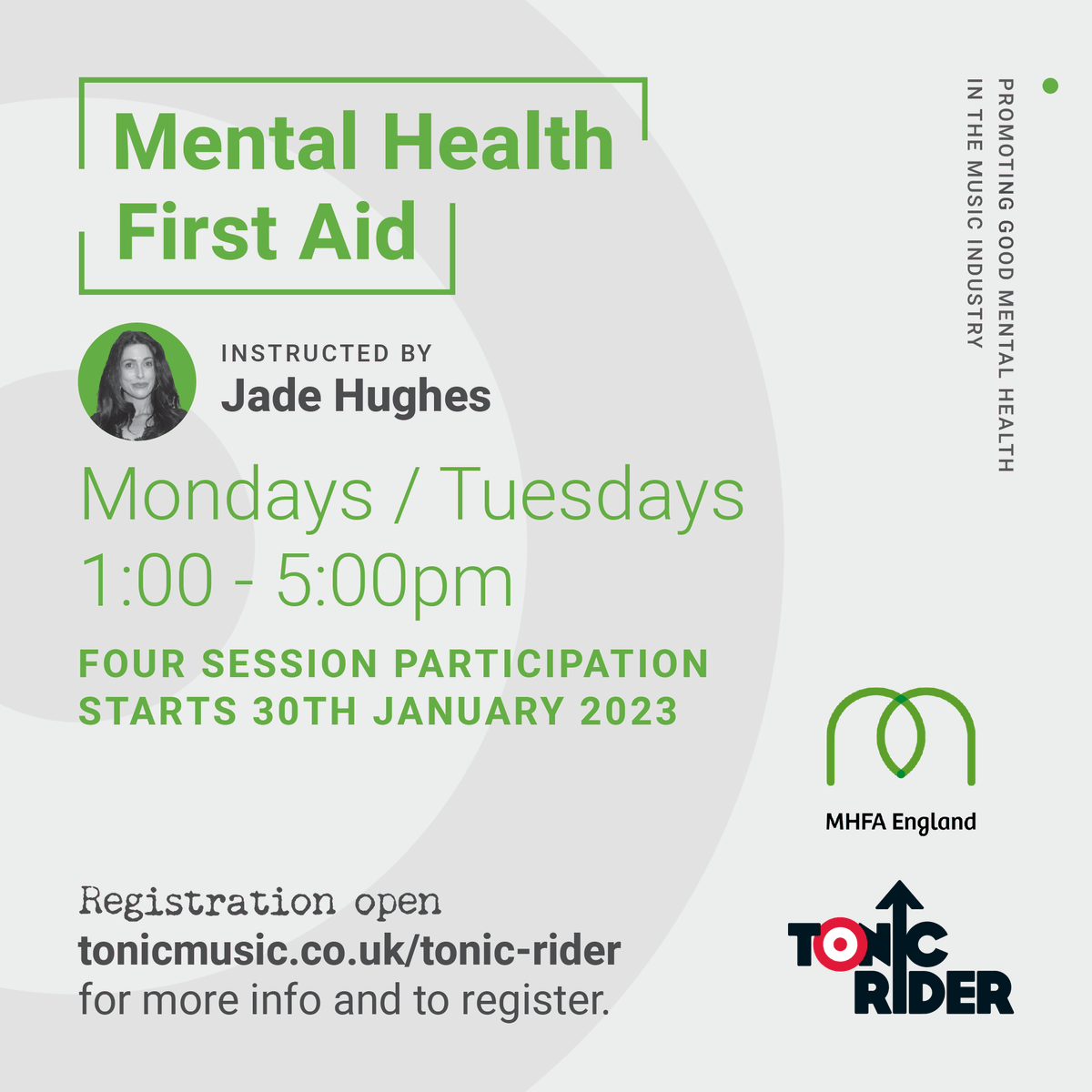 FREE Mental Health First Aid for working musicians and music industry professionals based in England...

Limited time to register!

#TonicRider #FirstAid #MentalHealth #Wellbeing #MusicIndustry