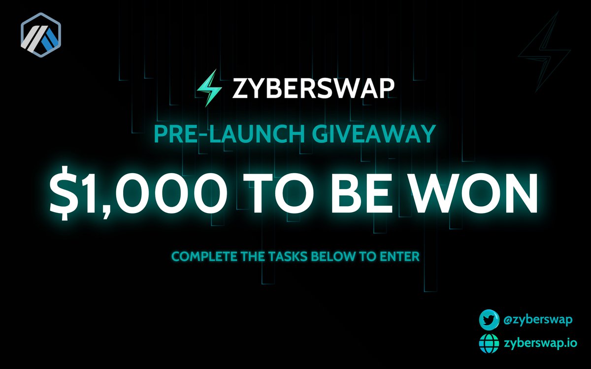 ⚡️#Zyberswap is launching soon on #Arbitrum!⚡️

🎉We are celebrating with a 1000$ pre-launch giveaway🎉

⚡️Follow: <a href="/zyberswap/">Zyberswap - 🧠 Automated Liquidity</a> 
⚡️Tag 3 friends 
⚡️Like &amp; RT
⚡️Join our #Discord

Complete the Gleam tasks below to enter!
👇👇👇
gleam.io/competitions/p…