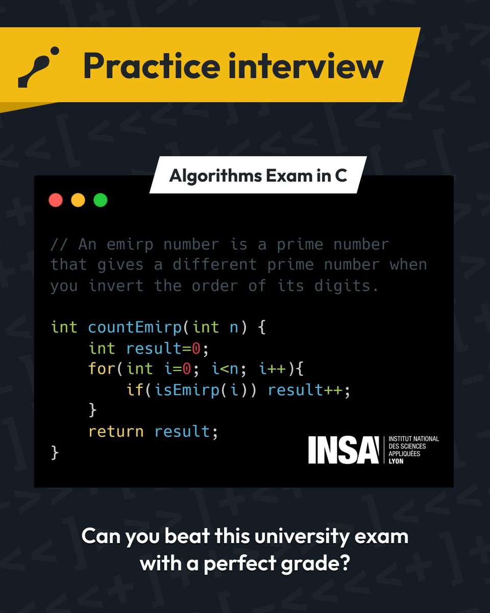 CodinGame's tweet image. Here's some more interview training!
Can you ace this exam from a top French university?
Try it now on the CodinGame sandbox : eu1.hubs.ly/H02BKG70