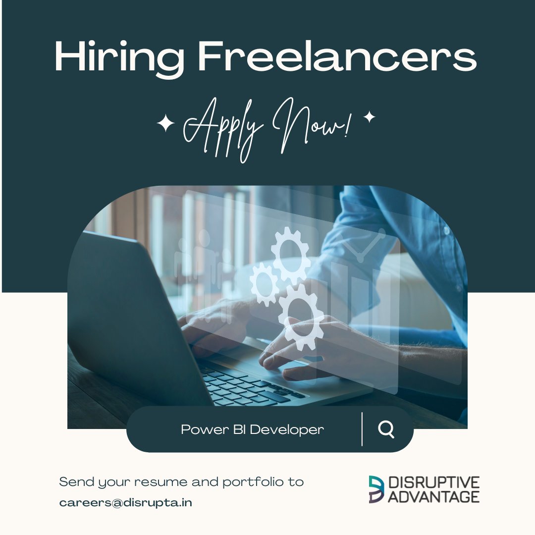 disruptive_adv's tweet image. Hiring Freelance Power BI Developers
Email us at careers@disrupta.in today!
#PowerBIDeveloper #PowerBI #PowerBIJobs #FreelanceOpportunities #Freelance #PartTime #Freelancers #D365Developer #Jobs #Careers #JobOpening #JobAlert #Dymanics365 #HiringAlert #HiringNow #D365 #Microsoft