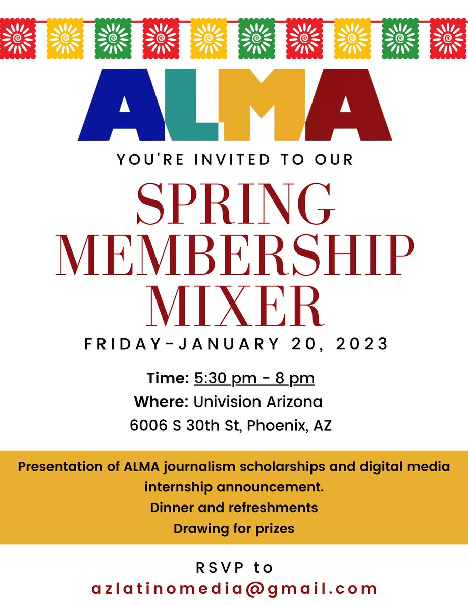 ALMA (@azlatinomedia) on Twitter photo Dinner, refreshments and prizes! You're invited to join us for our spring membership mixer on Friday January 20th.
RSVP to azlatinomedia@gmail.com Dinner, refreshments and prizes! You're invited to join us for our spring membership mixer on Friday January 20th.
RSVP to azlatinomedia@gmail.com