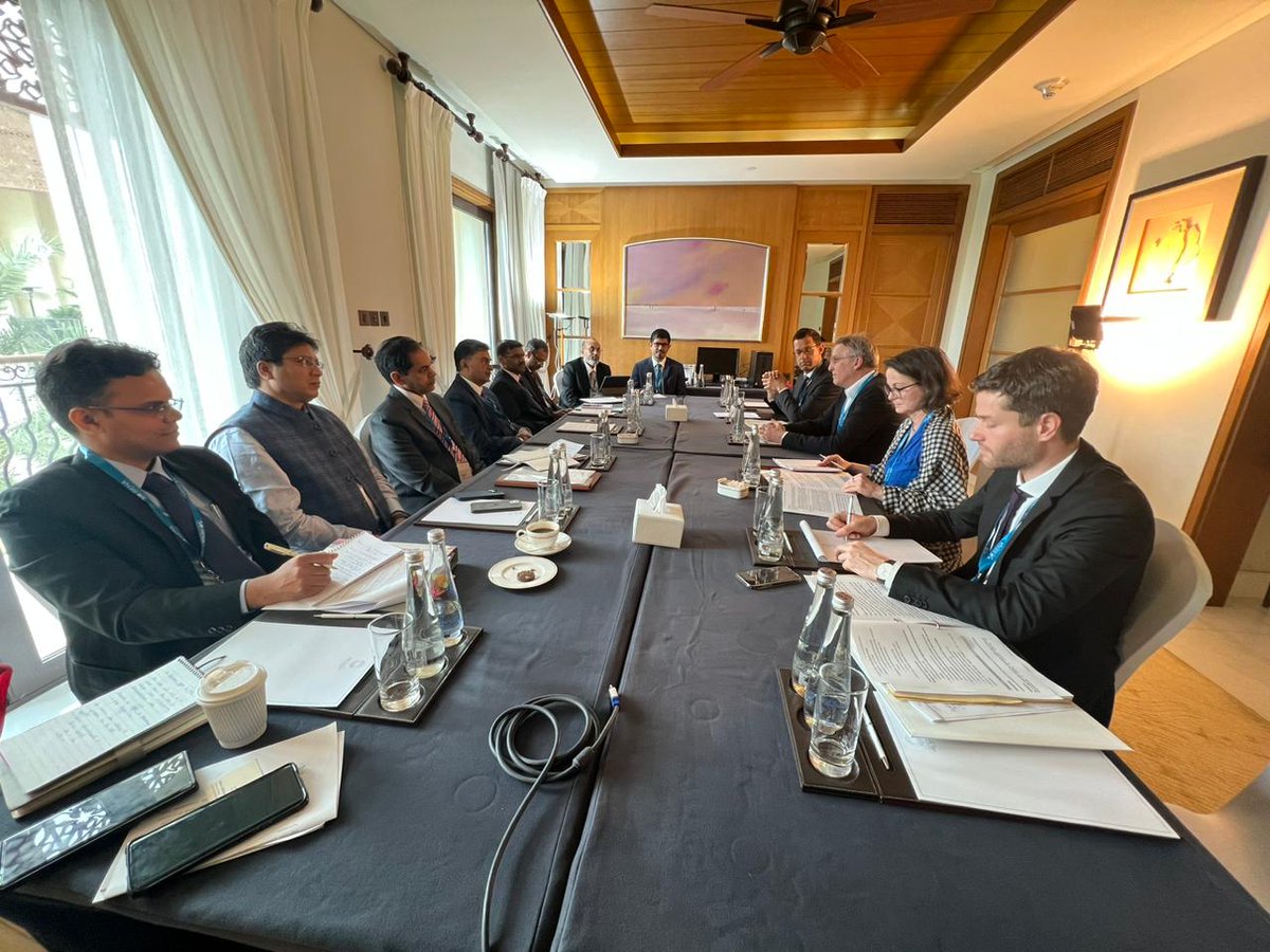 Hon'ble Minister of Power and New &amp; Renewable Energy Shri <a href="/RajKSinghIndia/">R. K. Singh</a> met Stefan Wenzel, Parl. State Secretary, Germany, in Abu Dhabi. He underscored the need for equitable climate financing, effective technology transfer &amp; maintaining pace of energy transition. 
#IRENA13A