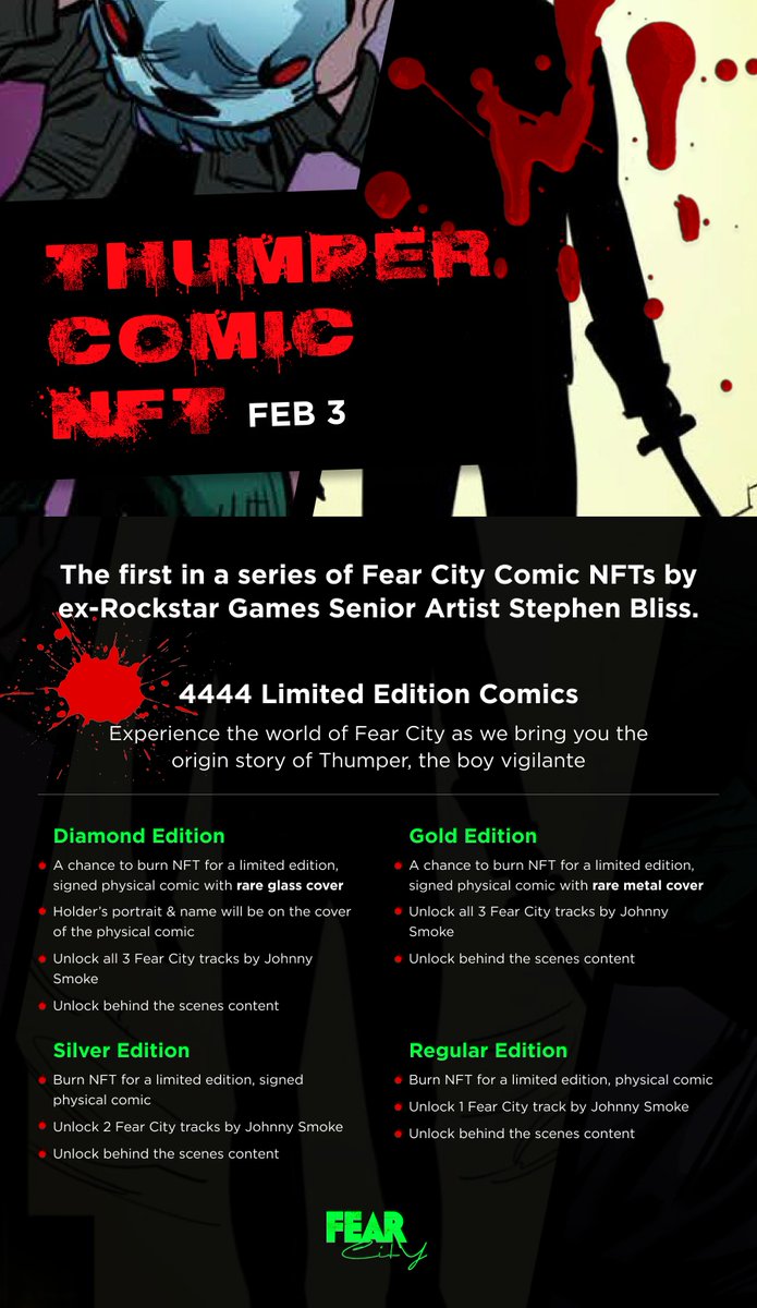 Fear City by Stephen Bliss (@fearcitynft) on Twitter photo 🐰It's here.
Sign up for a chance to mint the long awaited Fear City comic from <a href="/iamstephenbliss/">stephen bliss</a> , former Rockstar Games | GTA Senior Artist.
Registration begins on Jan. 17 | 11am EST
premint.xyz/fear-city-thum… 🐰It's here.
Sign up for a chance to mint the long awaited Fear City comic from <a href="/iamstephenbliss/">stephen bliss</a> , former Rockstar Games | GTA Senior Artist.
Registration begins on Jan. 17 | 11am EST
premint.xyz/fear-city-thum…