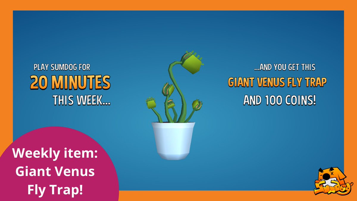 sumdog's tweet image. New weekly item🎁✨

This week's special item is a giant venus fly trap!🌵

Play on Sumdog for 20 minutes this week and you'll earn this fun item plus 100 coins🙌

Log in and play now: bit.ly/3fQukh6

#mathsgames #spellingpractice #weeklyitem #gamification